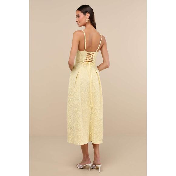 NWT Lulus Ninetta Light Yellow Floral Jacquard Lace-Up Midi Dress Party Size XS - Picture 3 of 11